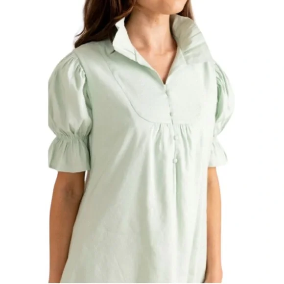 NWT S’EDGE Erin Puff Sleeve Ruffle Mini Dress in Sea Glass - Picture 2 of 5